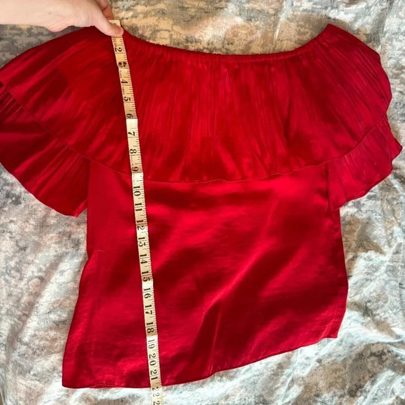 MAJE Locao Off the Shoulder Ruffle Top Size 1 Small Red Boho Satin Festival READ - Picture 13 of 15